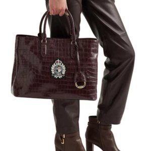 NWT Lauren Ralph Lauren Marcy Bullion Croc Embossed Large Satchel (Bordeaux)